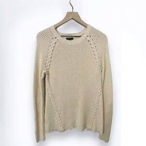 Halogen Cream Fisherman Sweater Crew Neck Knit Lace Up Stitching Size Small